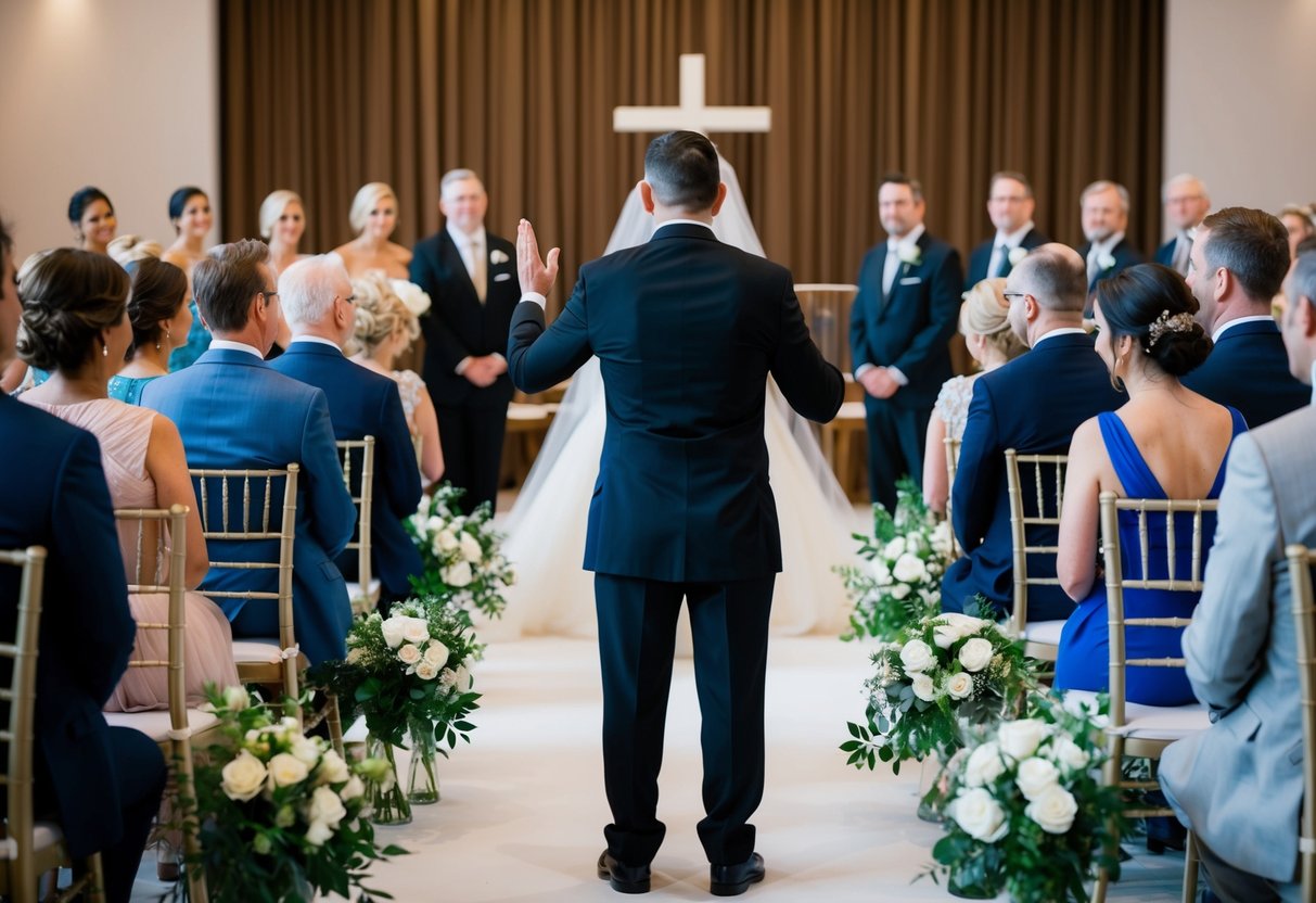 An officiant stands at the front of a wedding ceremony, facing the gathered guests, and gestures for them to rise as the bride approaches