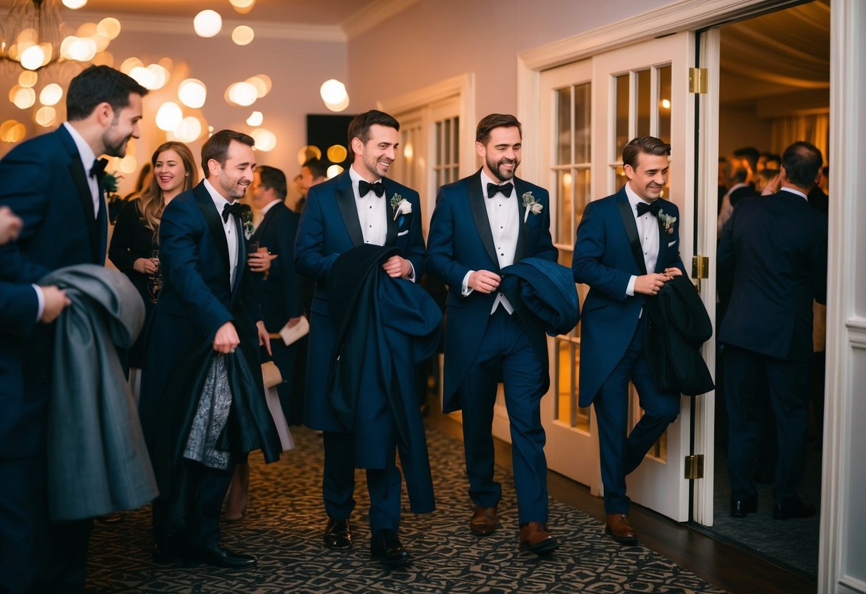 Guests gathering coats, saying quick goodbyes, and slipping out the door as the music plays and the celebration continues