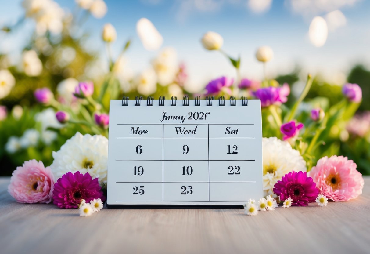 A calendar with a wedding date six months away, surrounded by blooming flowers and a romantic setting