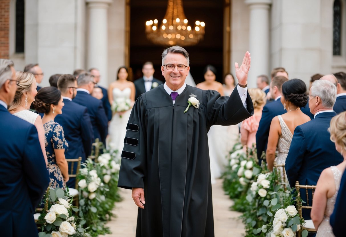 The officiant gestures for everyone to rise as the bride makes her entrance, creating a sense of reverence and honor