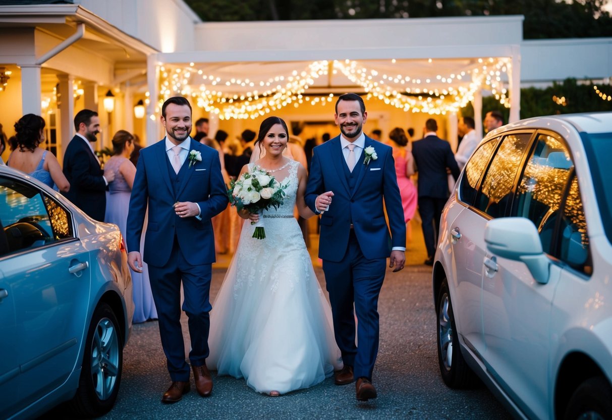 Guests departing wedding venue, some still mingling, others heading to their cars. Decorations and lights still aglow, but party winding down