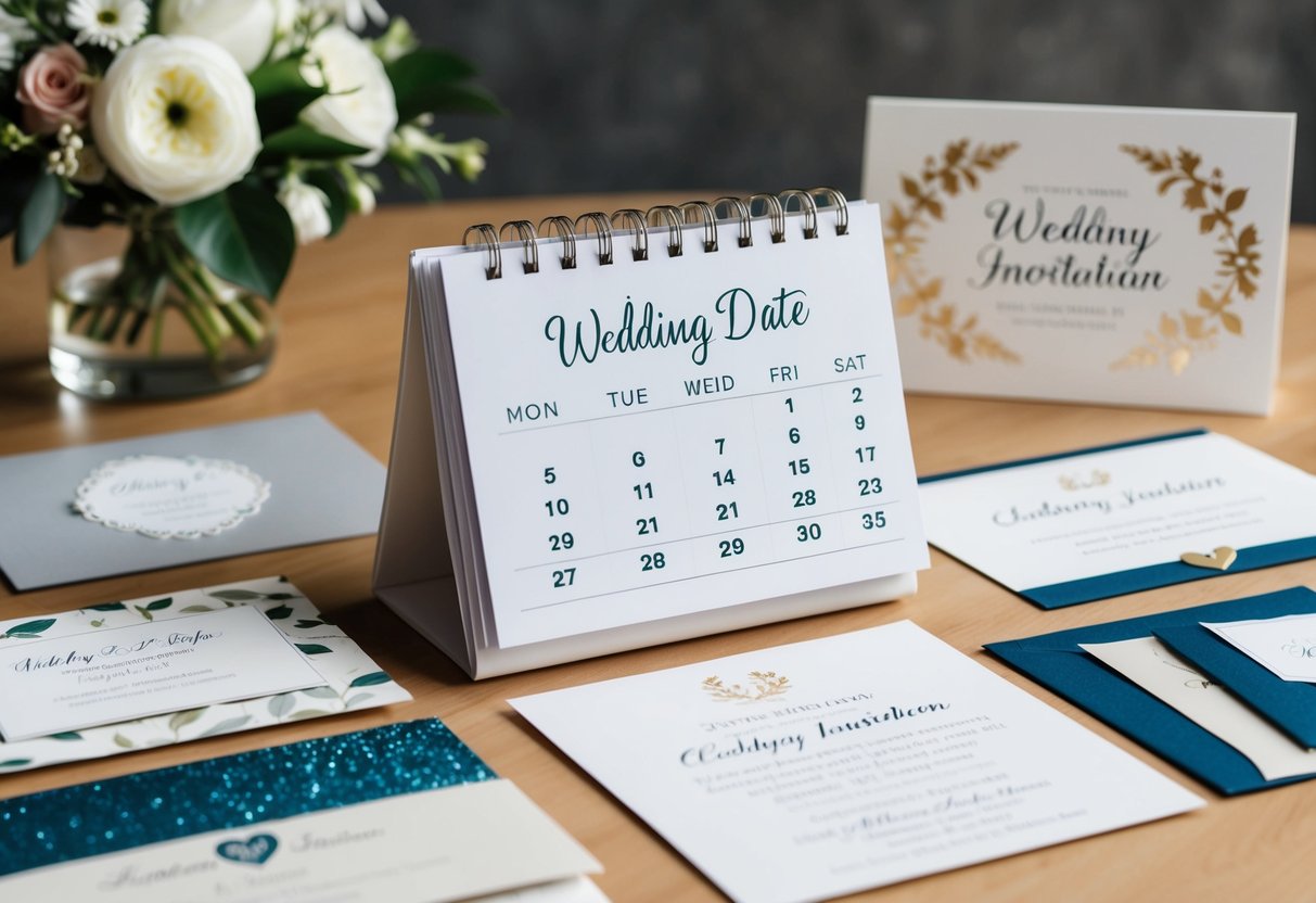 A calendar with a wedding date six months away, surrounded by various wedding invitation designs and materials