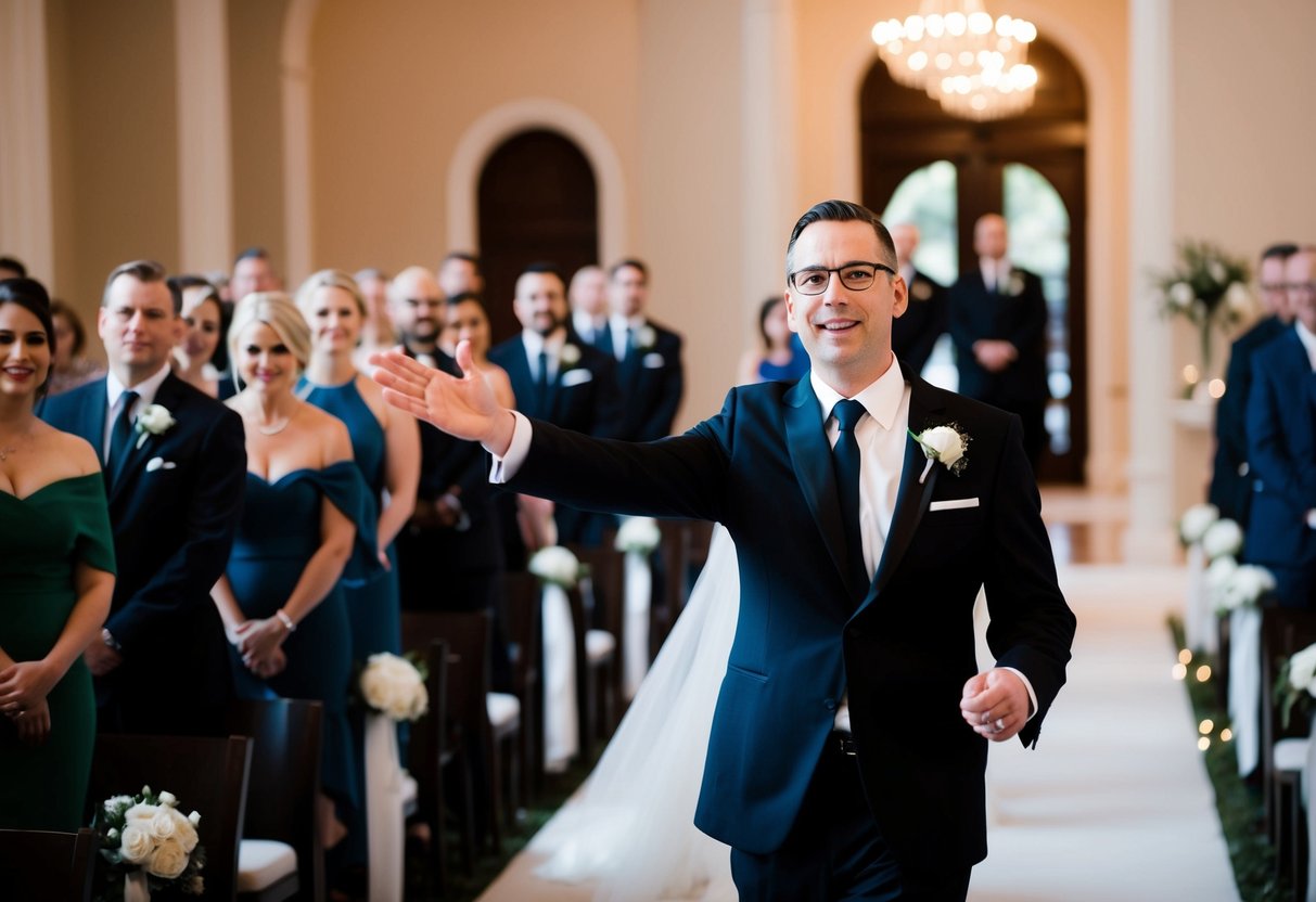 The officiant gestures for everyone to rise as the bride makes her entrance