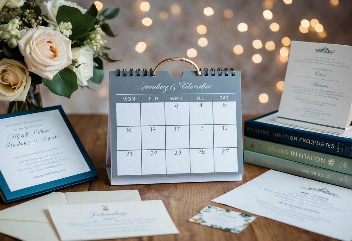 A calendar with a circle around the 6-month mark, surrounded by wedding invitation samples and etiquette books