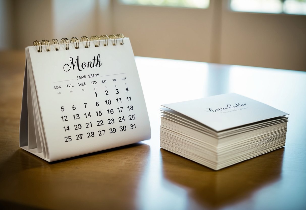 A calendar with the month of the wedding circled and a stack of elegant wedding invitations next to it