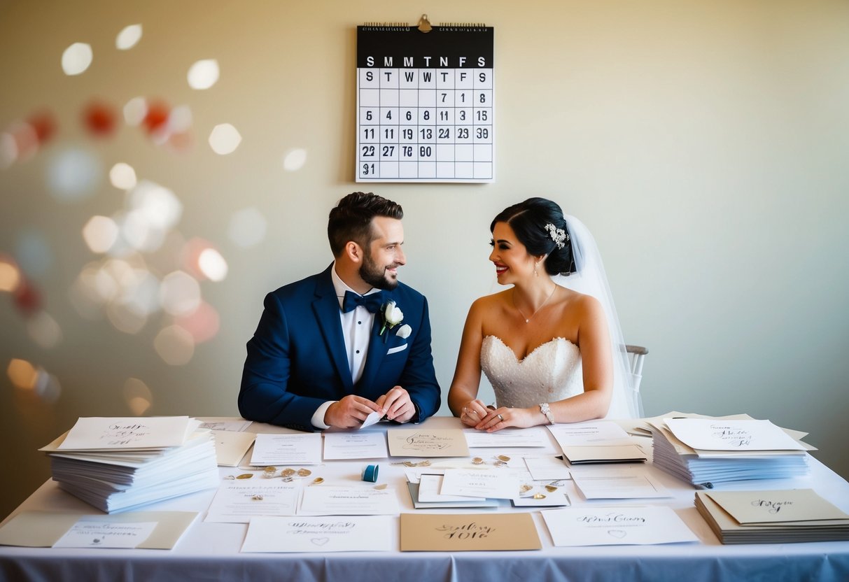 A bride and groom sit at a table covered in wedding planning materials, discussing invitations and save-the-dates. A calendar on the wall shows the date six months before their wedding