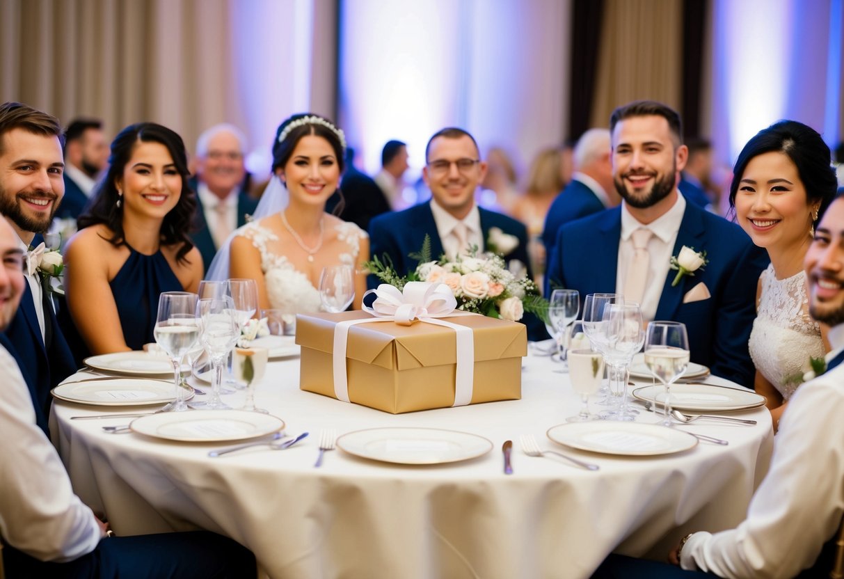 A beautifully set table with a wrapped gift and elegant decorations, surrounded by smiling guests at a wedding reception