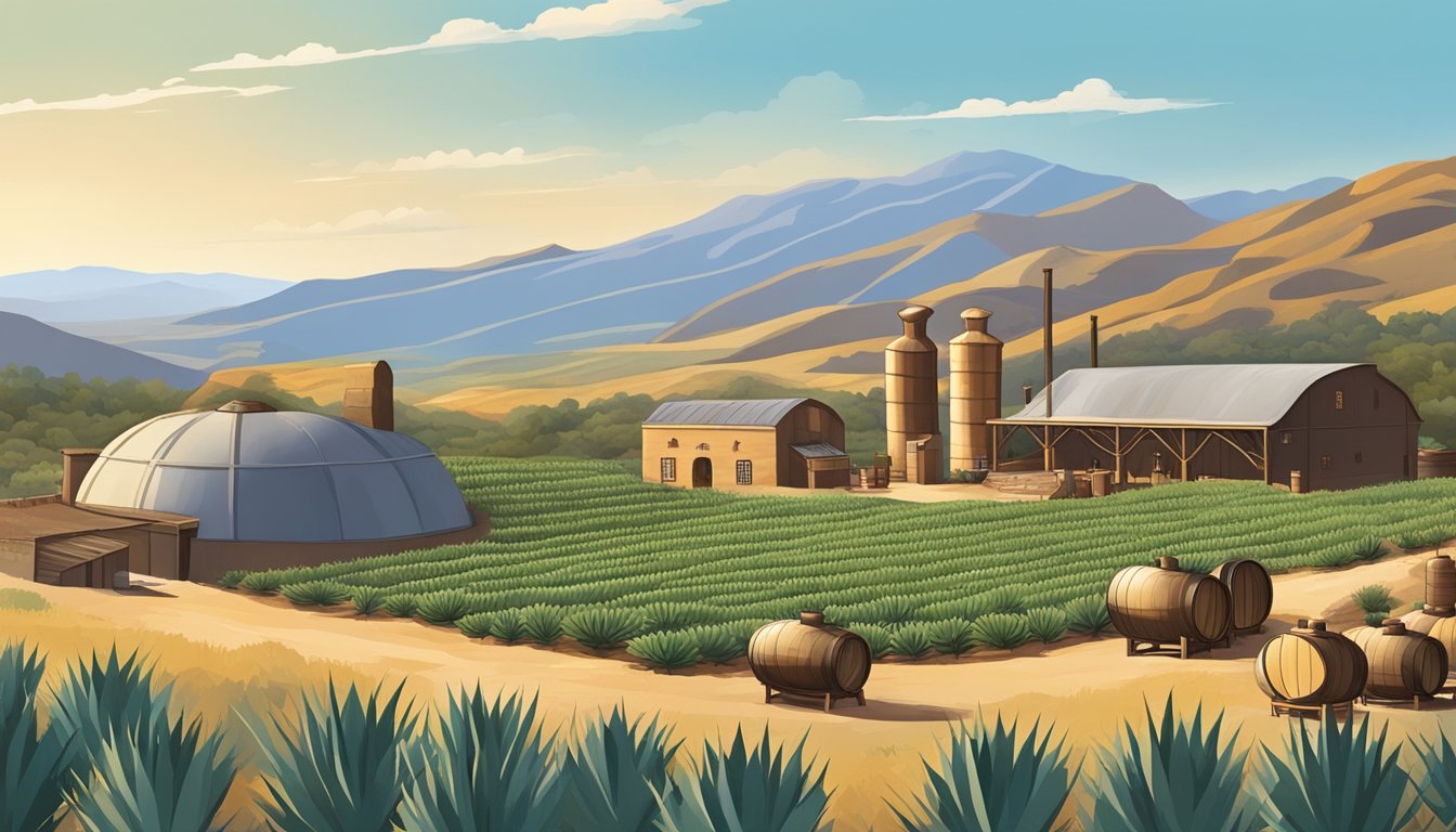 A traditional distillery with agave fields, stone ovens, and copper stills, surrounded by rolling hills and a clear blue sky