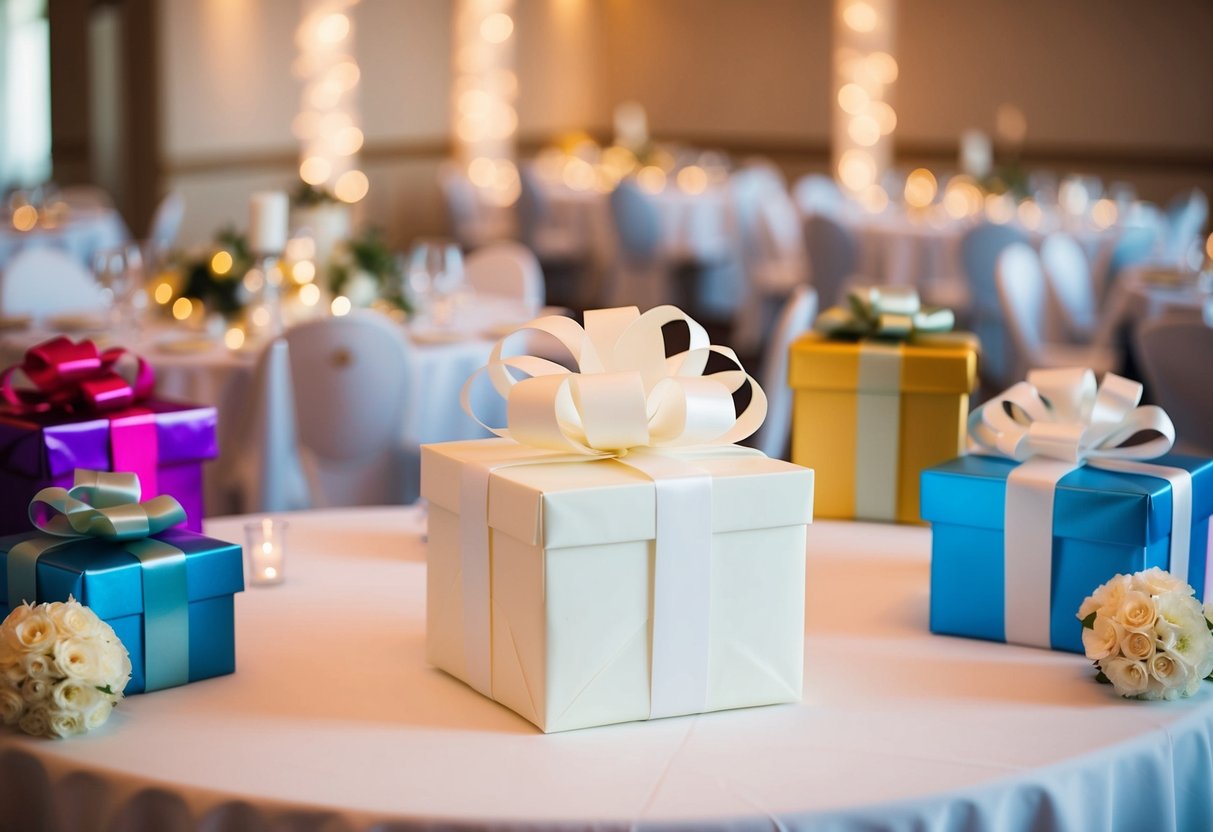 A beautifully wrapped gift box sits on a table at a wedding reception, surrounded by other gifts and decorations