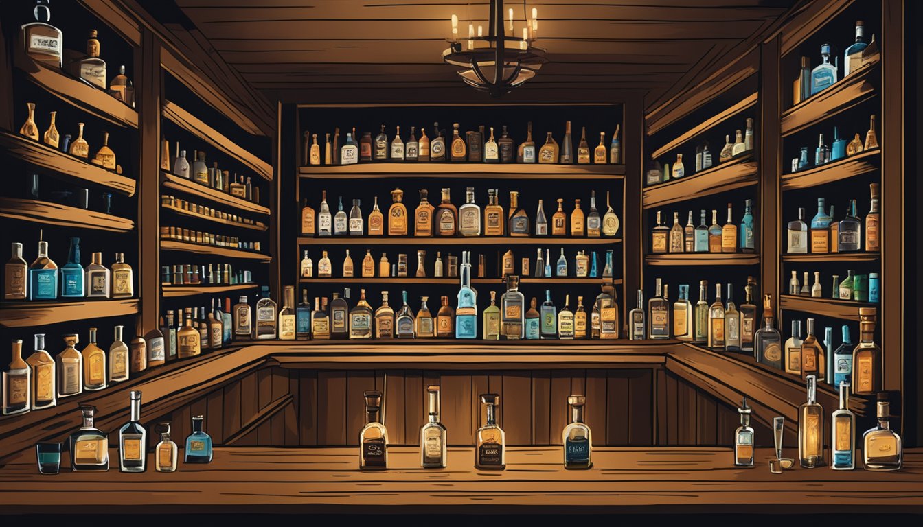 A rustic, dimly lit bar with shelves of Código 1530 tequila bottles, featuring the iconic George Strait logo