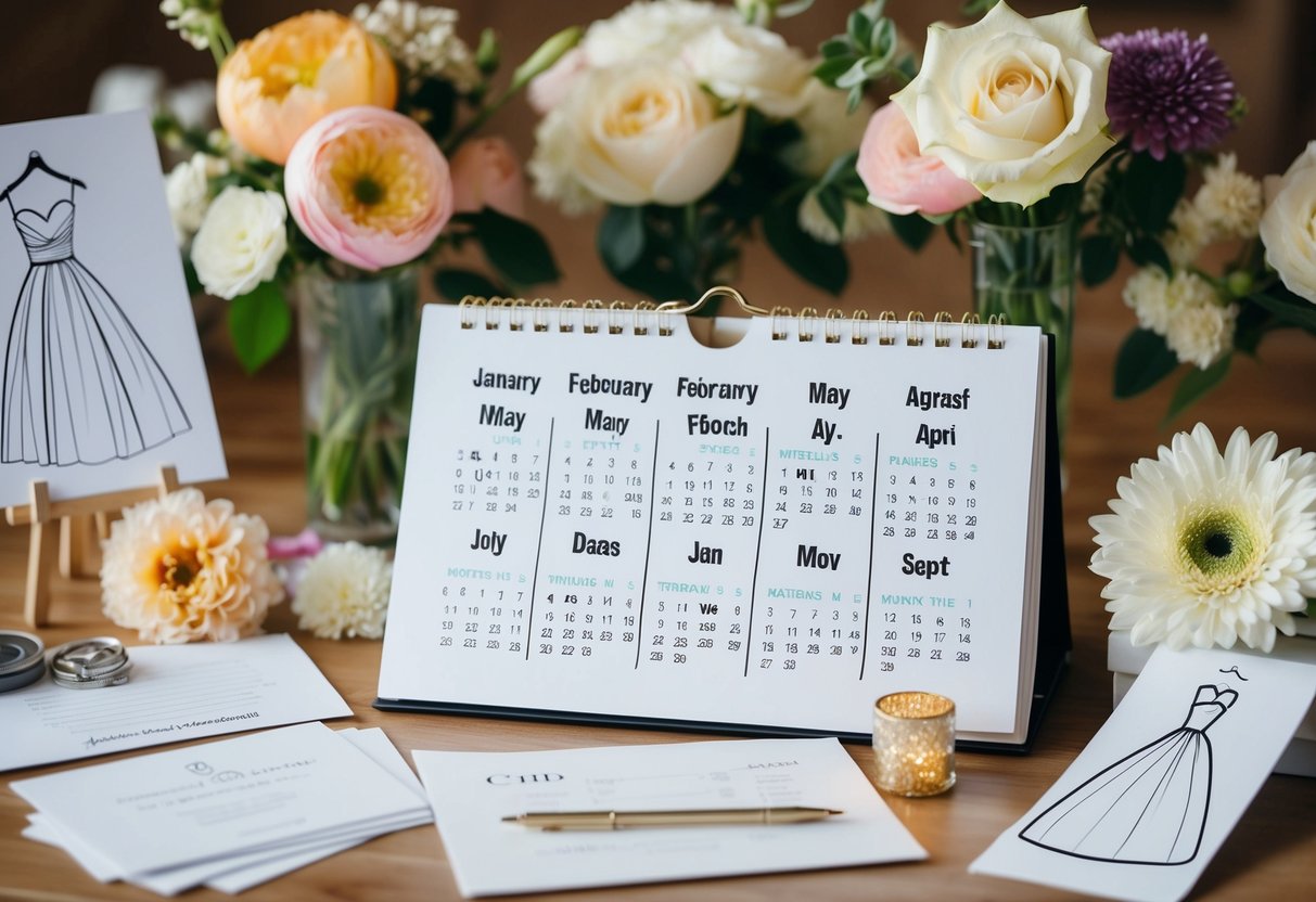 A calendar with 7 months highlighted, surrounded by wedding planning materials like flowers, invitations, and a dress sketch