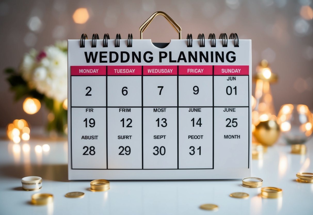 A calendar with wedding planning milestones marked off over 7 months