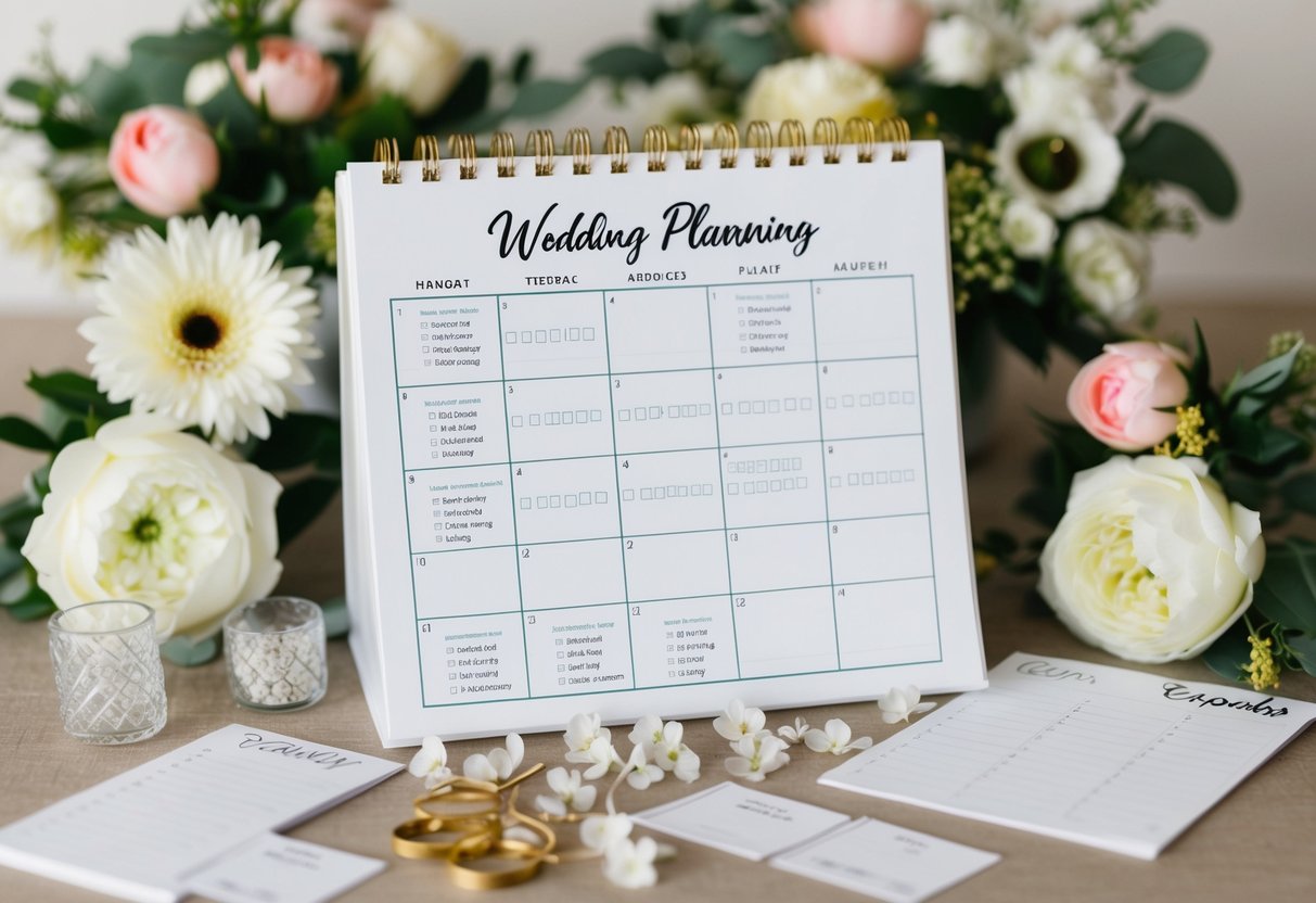 A calendar with wedding planning notes and checklists, surrounded by flowers and wedding decor samples
