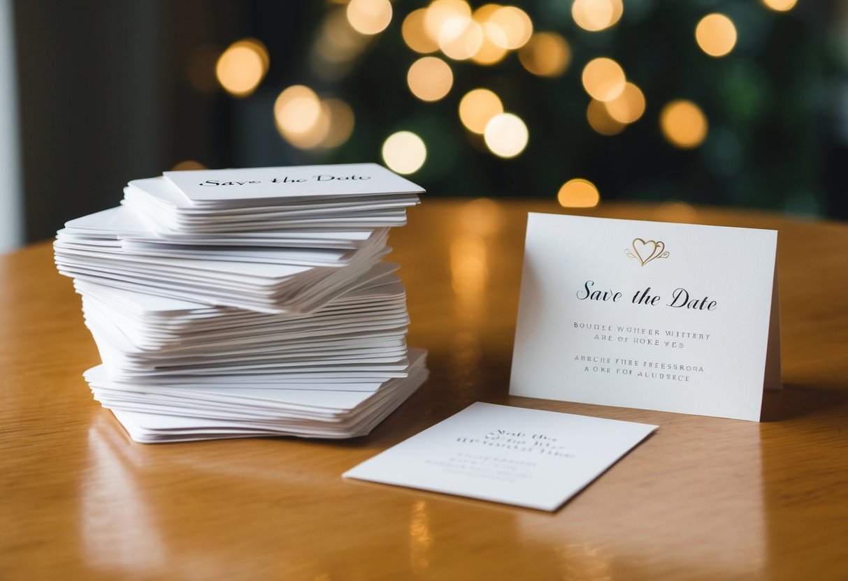 A stack of "save the date" cards piling up on a table, while a single invitation sits alone in the corner