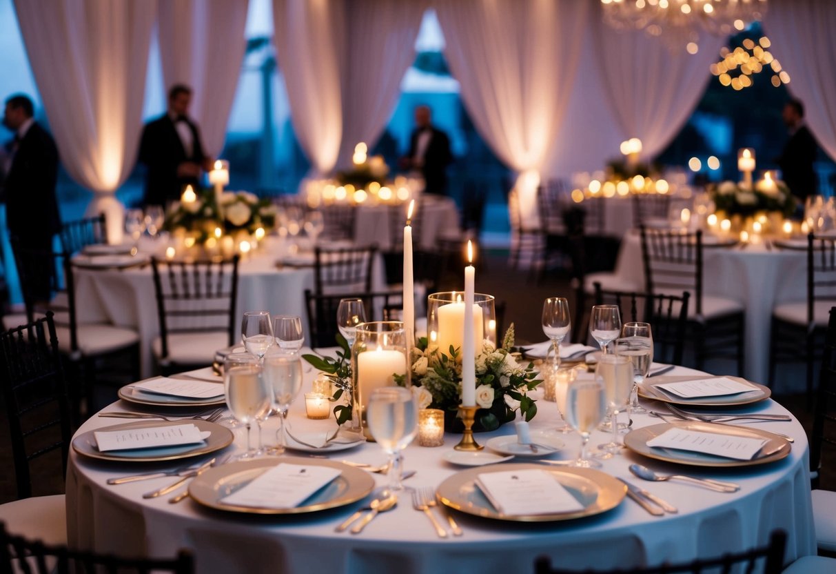 A candlelit wedding reception at 7pm, with elegant table settings and a romantic ambiance