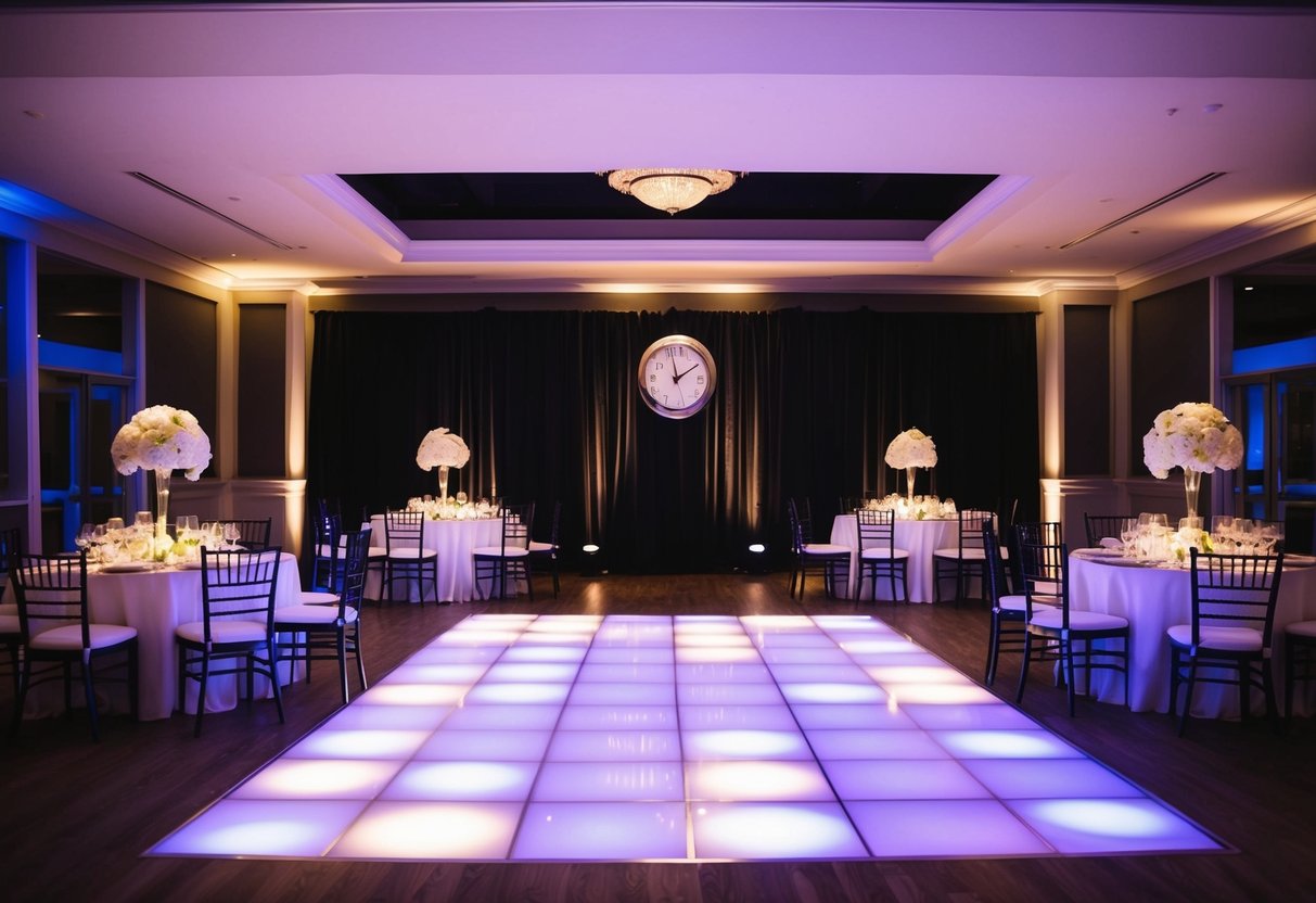 A dimly lit wedding reception venue with elegant decor, a glowing dance floor, and tables set with sparkling centerpieces. The clock on the wall shows 7pm