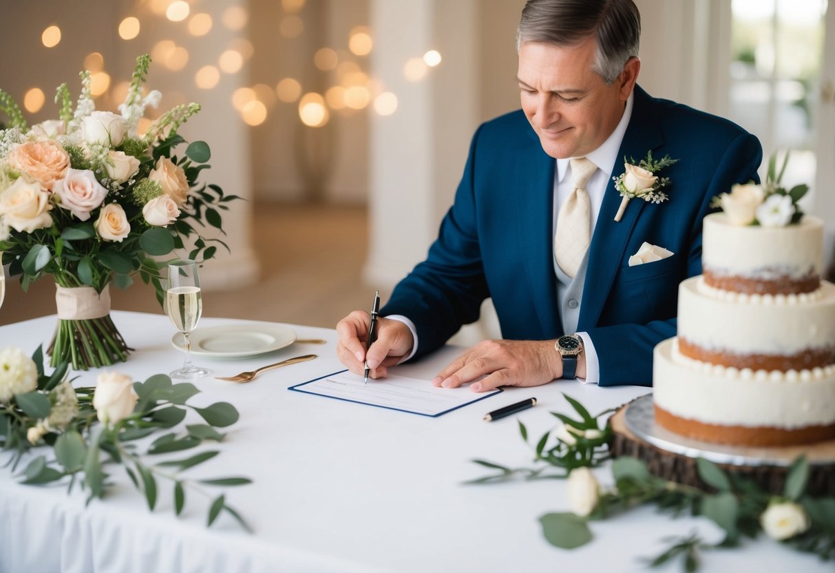 A father writing a check surrounded by wedding elements like flowers, a cake, and a wedding dress