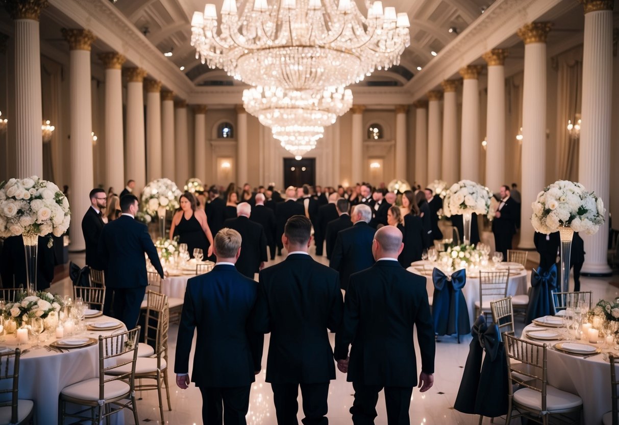 A grand ballroom adorned with twinkling lights and elegant table settings, guests arriving in formal attire for a 7pm wedding reception