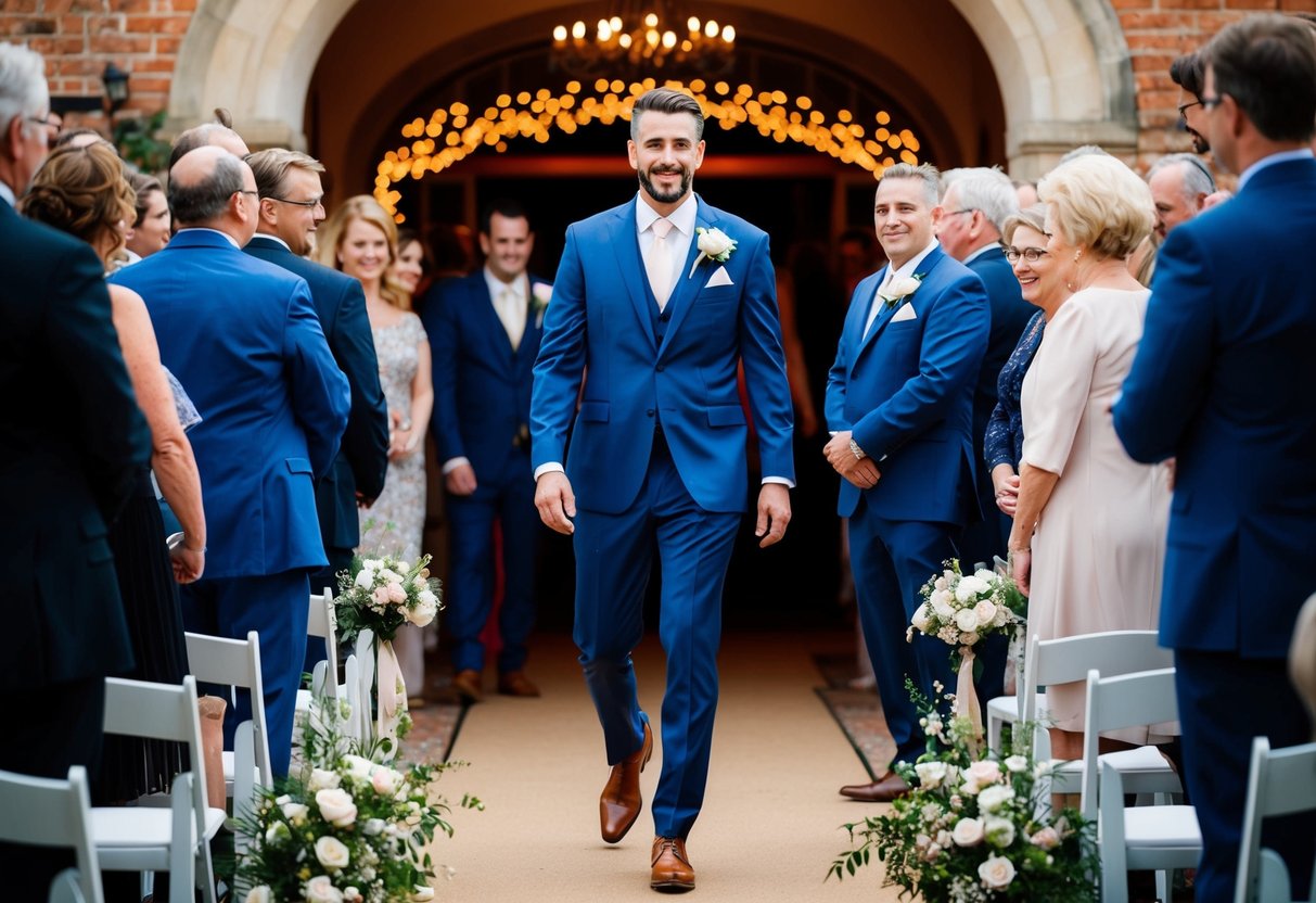 The groom walks down the aisle to the sound of a romantic entrance song, with guests turning to watch his arrival