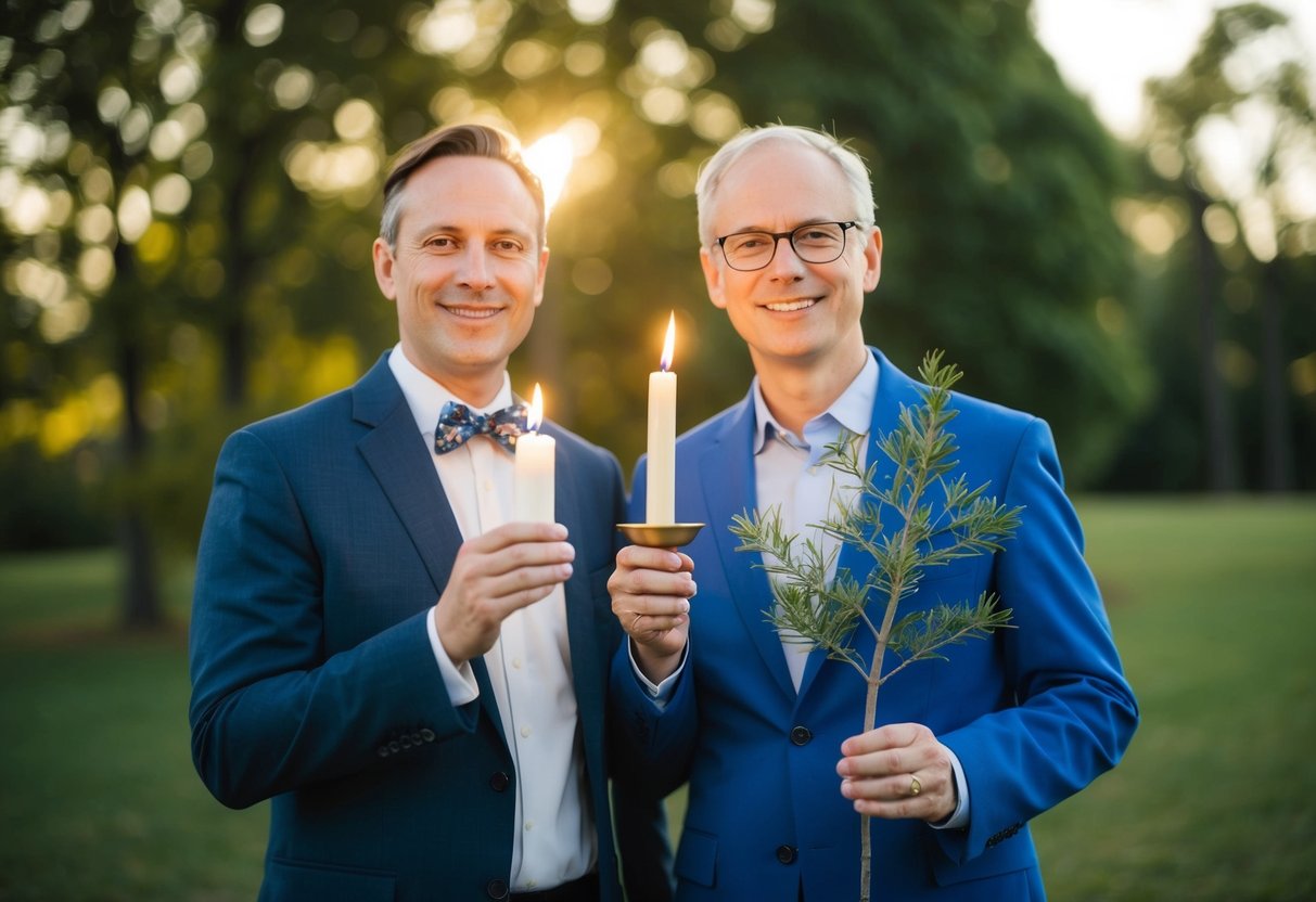 A celebrant and a humanist stand side by side, each holding a symbolic object representing their beliefs. The celebrant holds a candle, while the humanist holds a tree branch