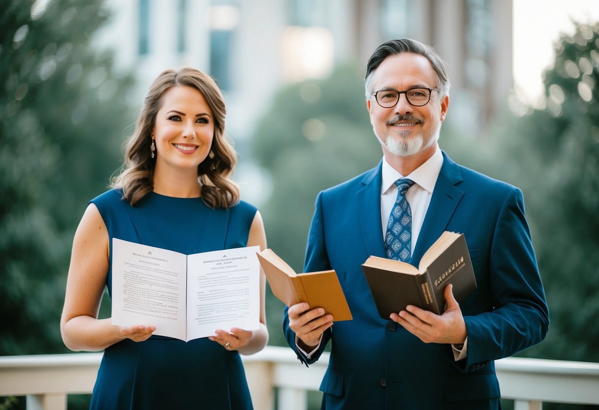 A celebrant and a humanist stand side by side, each holding a unique symbol of their practice. The celebrant holds a ceremonial script, while the humanist holds a book of philosophical writings