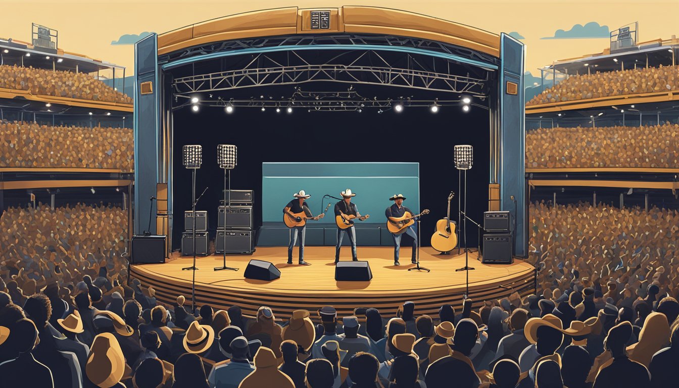 A sold-out arena with fans cheering as a cowboy hat sits on a stage, surrounded by guitars and a microphone stand