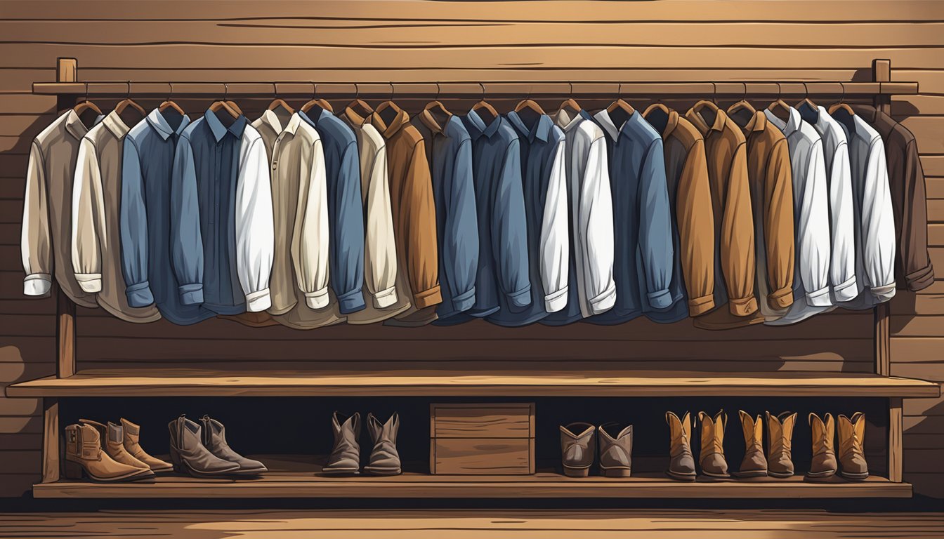 A row of George Strait shirts displayed on a vintage wooden rack in a country western store