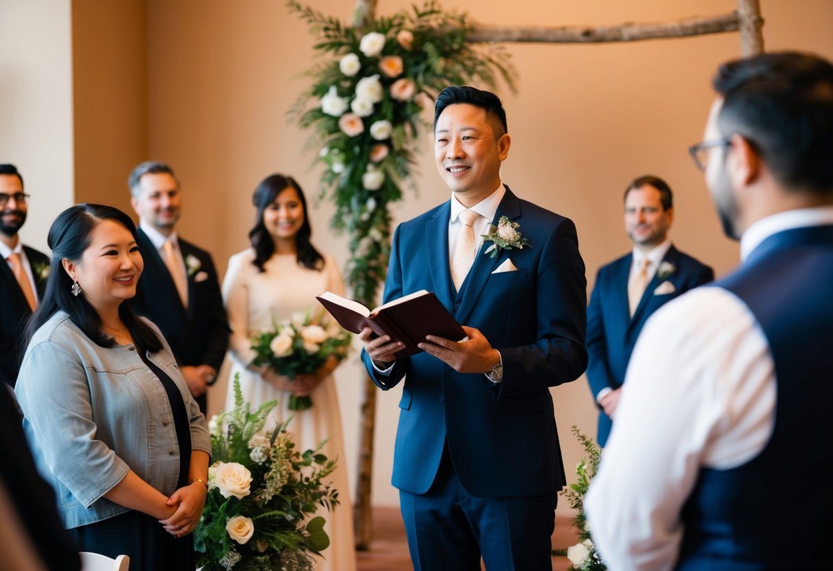 A celebrant stands in front of a group of people, holding a book and speaking at a ceremony. The setting is warm and inviting, with flowers and natural decor