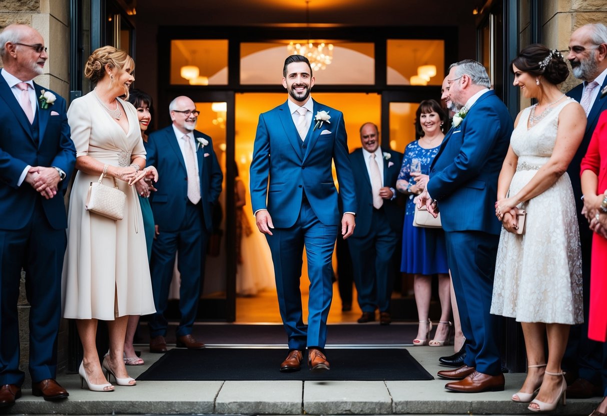 A groom stands at the entrance of the wedding venue, surrounded by guests, as he prepares to make his grand entrance with a song of his choice playing in the background