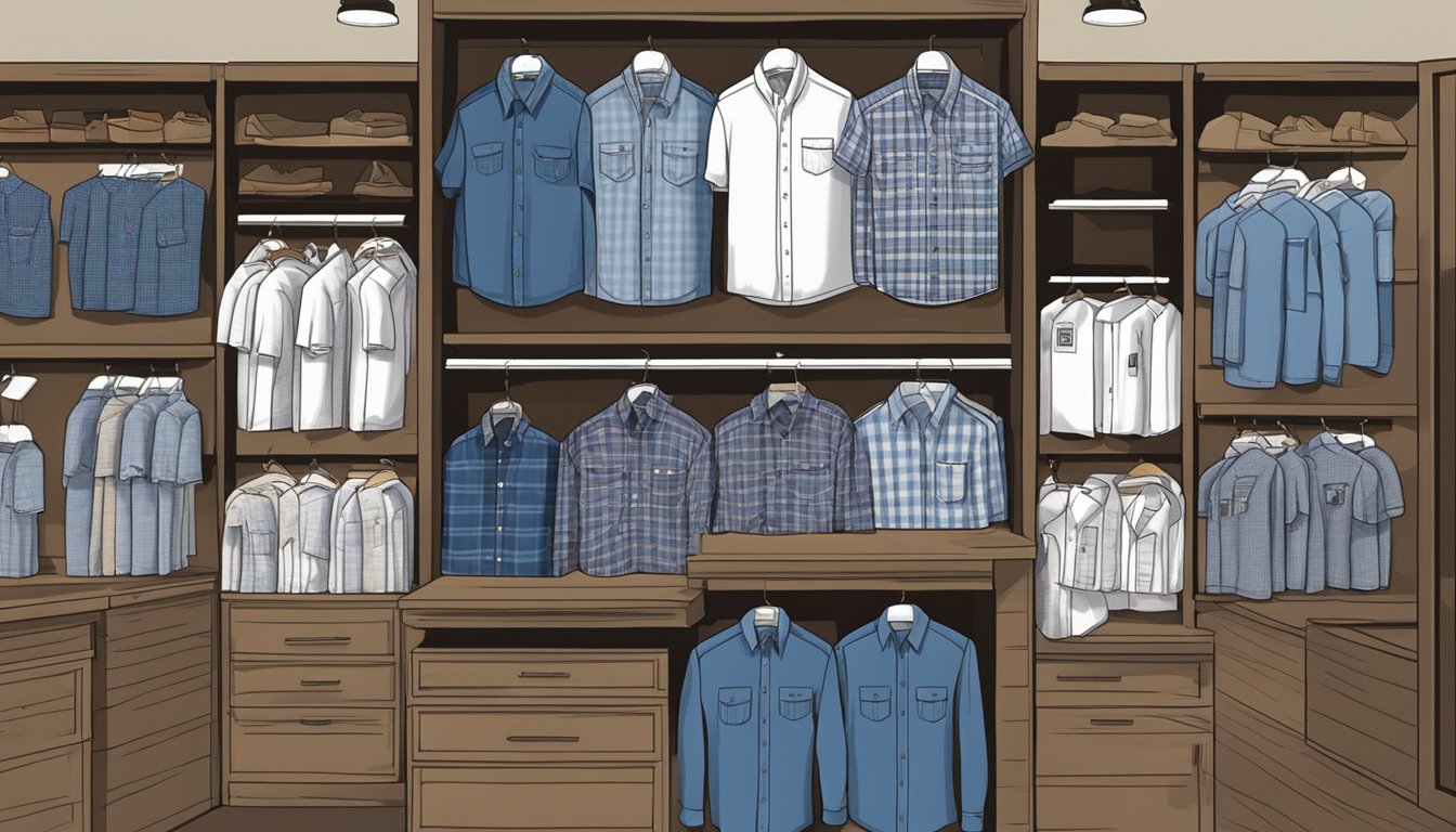 A display of George Strait shirts with various designs and sizes arranged neatly on shelves in a retail store