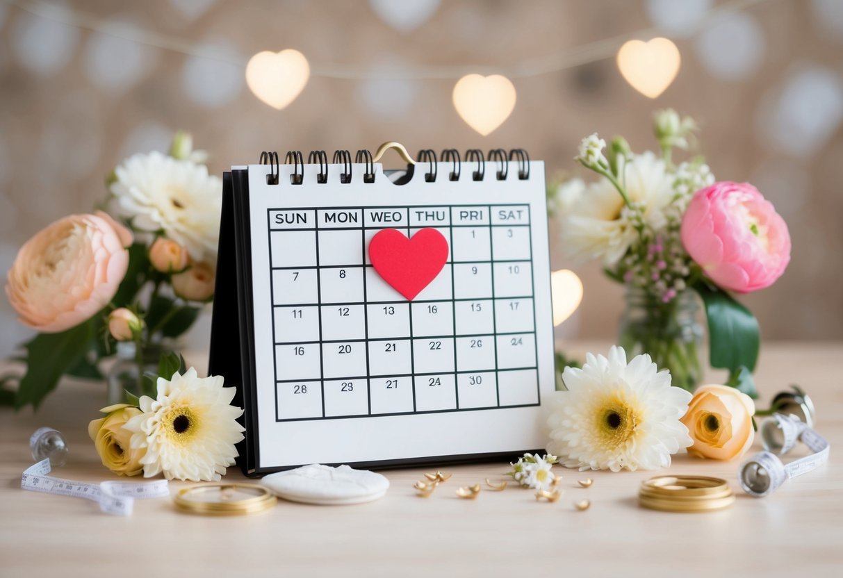 A calendar marked with a heart on the wedding date, surrounded by flowers and wedding-related items