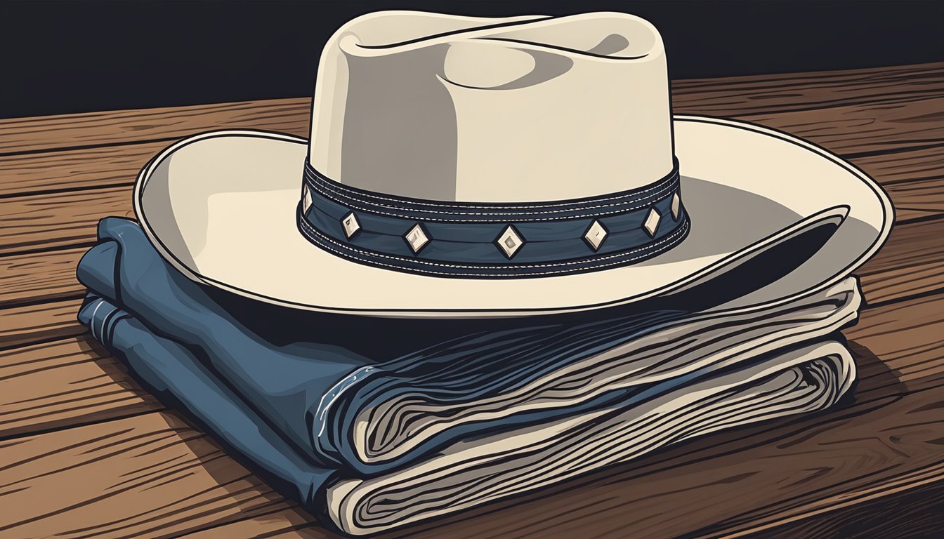 A cowboy hat rests on a wooden table next to a neatly folded stack of George Strait shirts