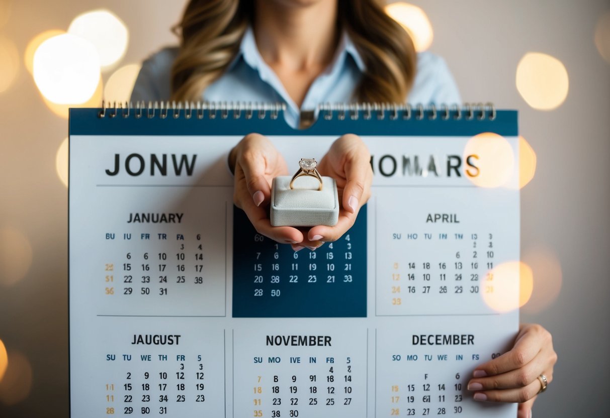 A person holding a ring box, standing in front of a calendar with six months highlighted