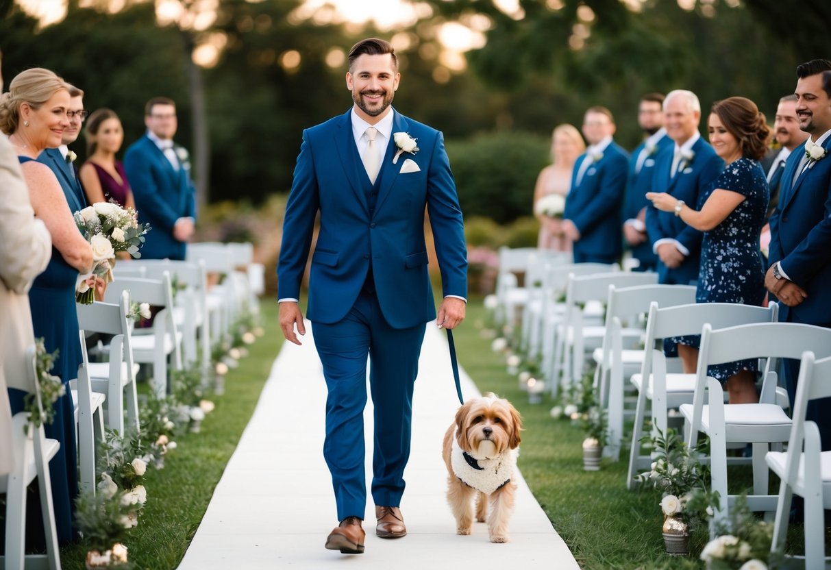 The groom strolls down the aisle with a beloved pet by his side