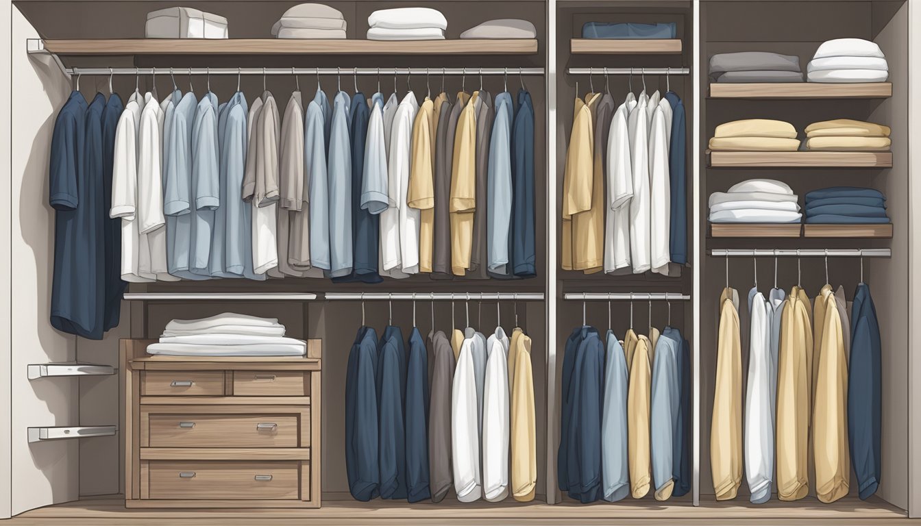 A row of neatly hung George Strait shirts in a well-lit closet with organized shelves and a soft color palette