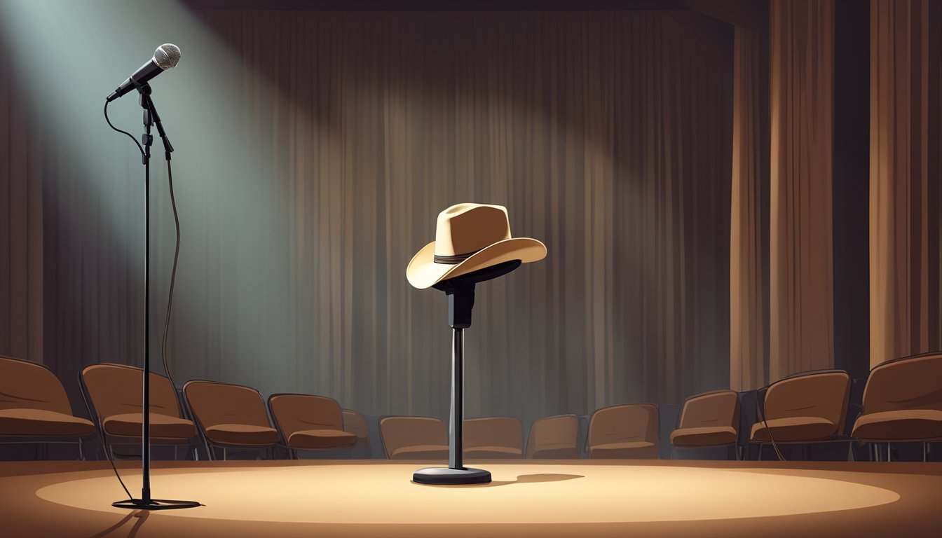 A lone microphone stands on an empty stage, bathed in a soft spotlight, as a cowboy hat rests on the edge