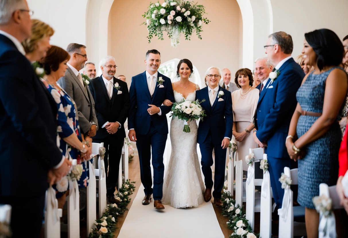 The groom walks down the aisle with family members