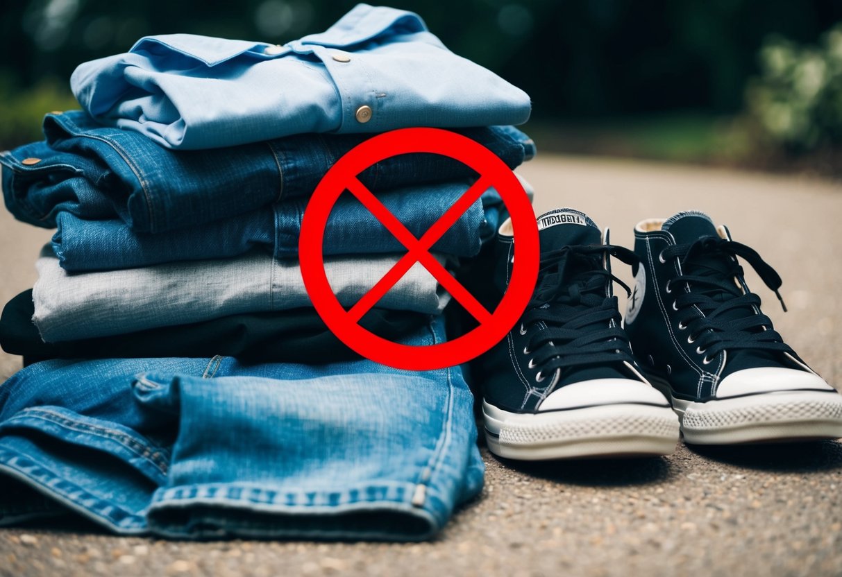 A pile of casual clothing items (jeans, t-shirt, sneakers) with a red circle and line through it, indicating they are not suitable for a wedding