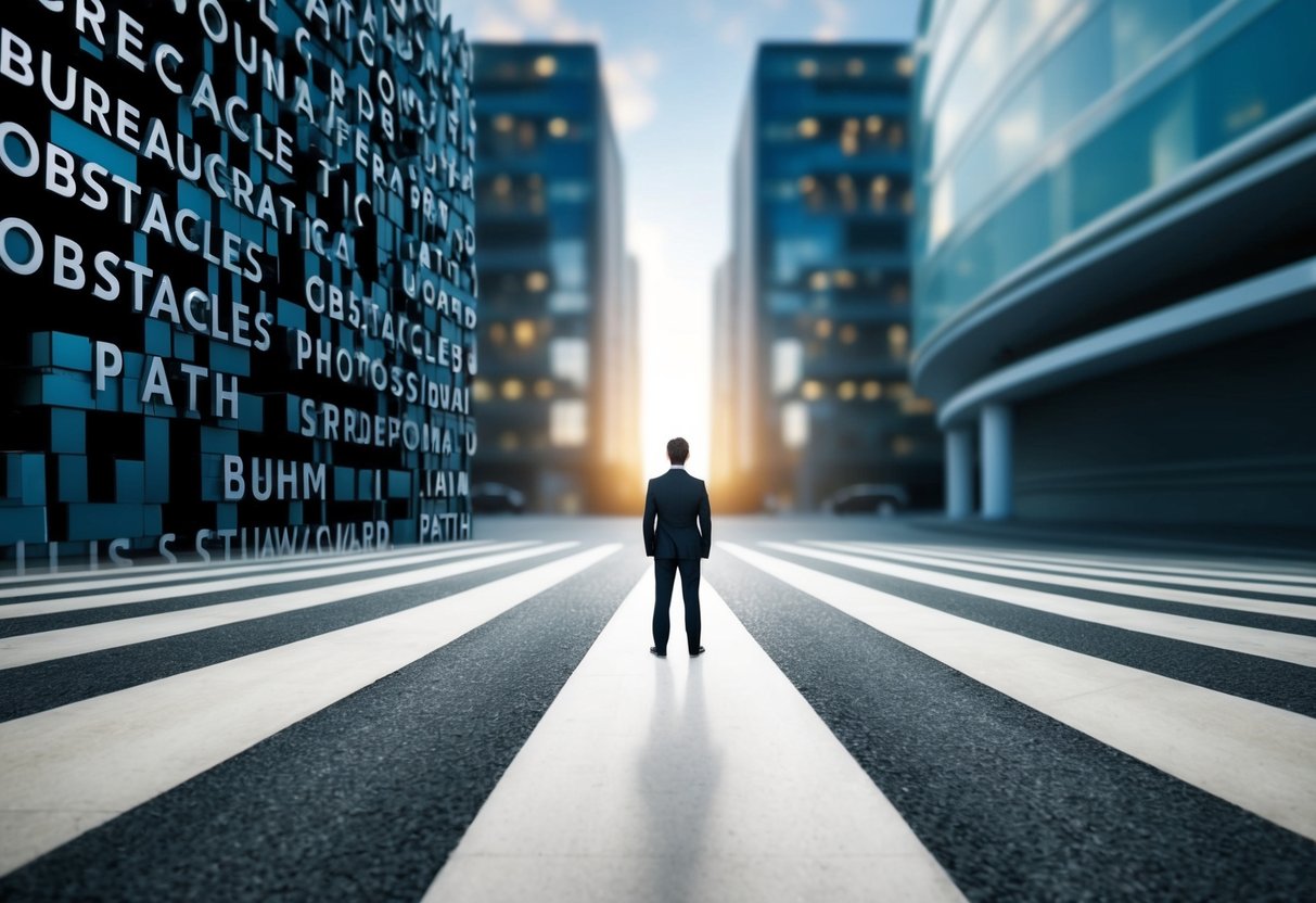 A person standing at a crossroads, with one path leading to a maze of bureaucratic obstacles and the other to a clear, straightforward path