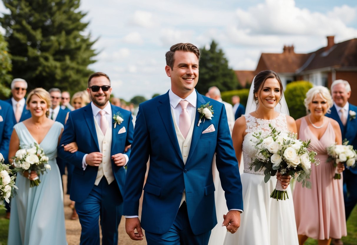 The groom leads the wedding party's procession, followed by family and friends