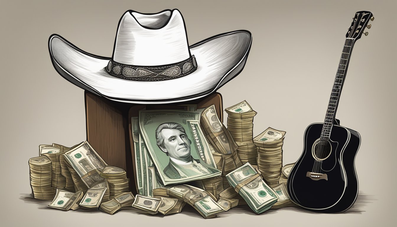 A cowboy hat sits atop a guitar next to a donation box filled with money, surrounded by images of George Strait performing at charity events