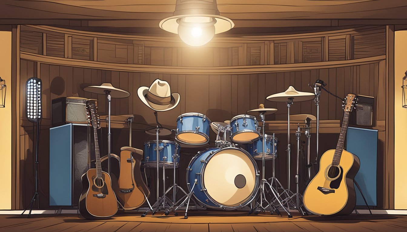 A stage with a spotlight on a lone microphone, surrounded by instruments and cowboy hats, evoking the legacy of George Strait in country music