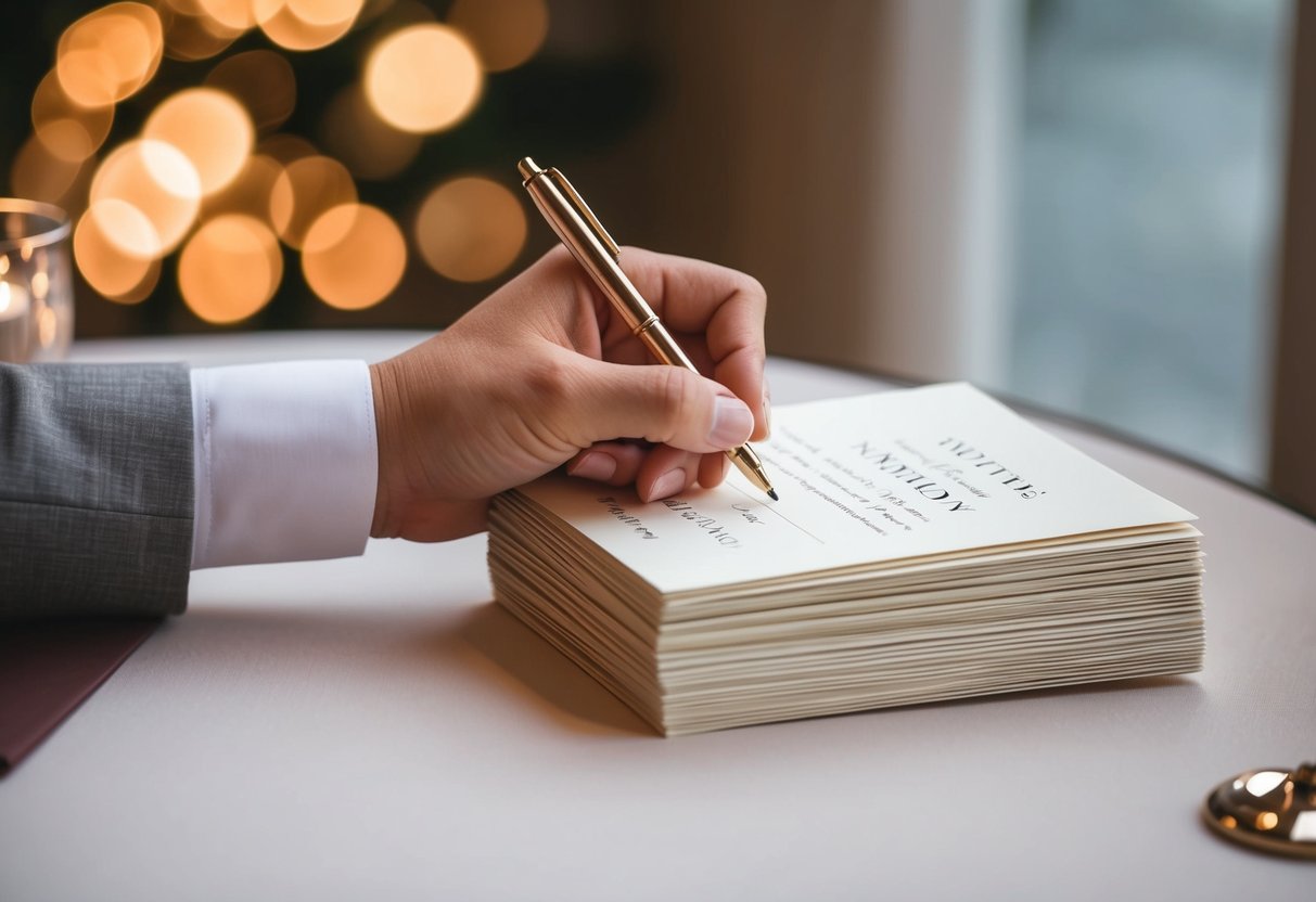 A hand holding a pen writes on a stack of elegant wedding invitations