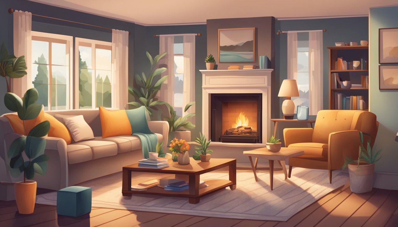 A cozy living room with a fireplace, family photos, and a comfortable sofa where a man and woman sit together, smiling and holding hands