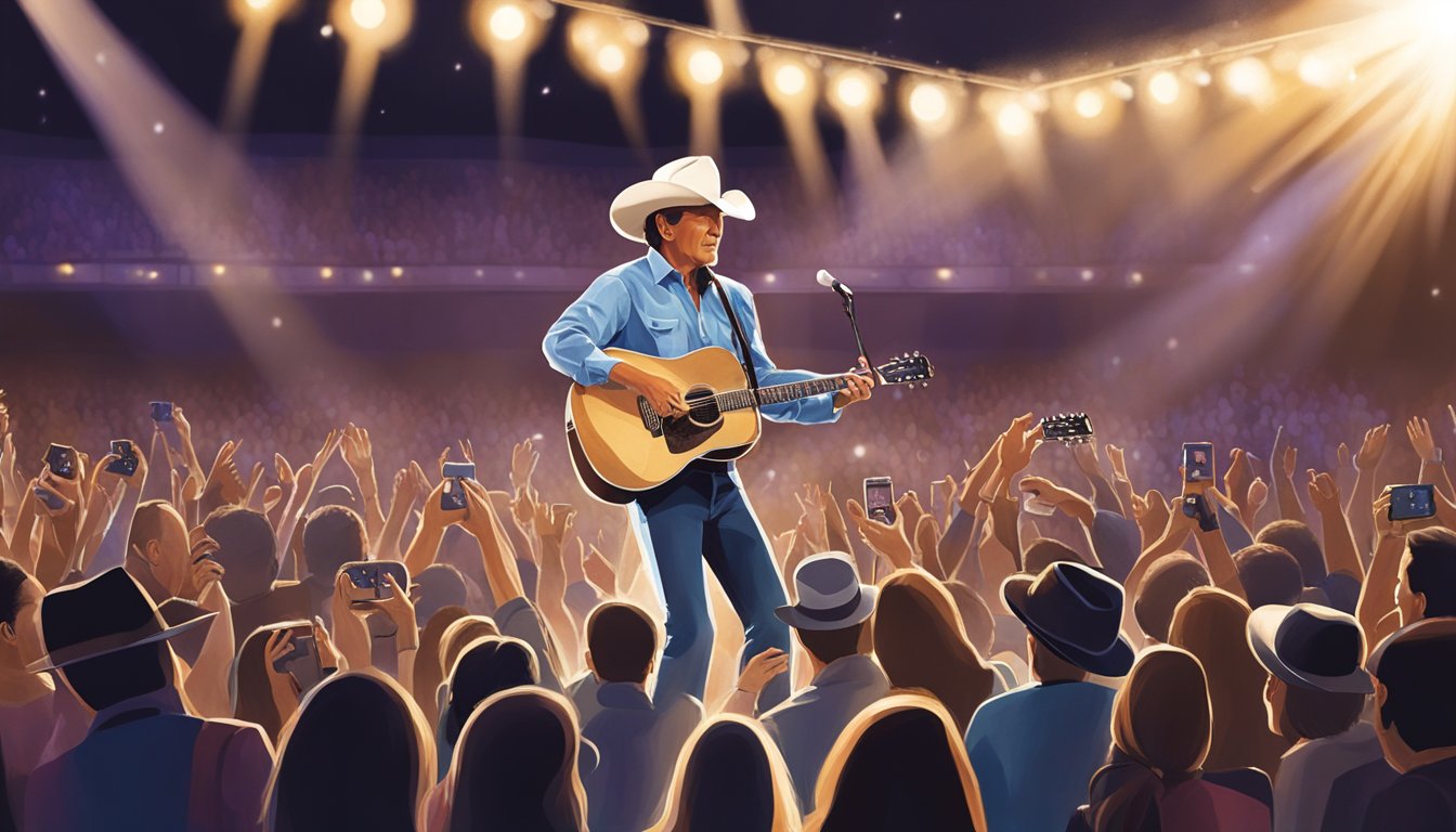 George Strait performing on stage with a guitar, surrounded by adoring fans and a spotlight shining down on him