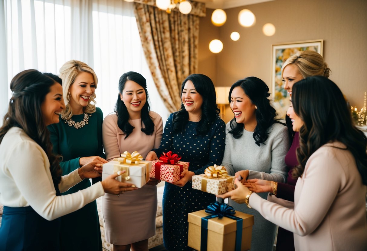 A group of women gather in a decorated room, exchanging gifts and sharing laughter as they celebrate the upcoming wedding