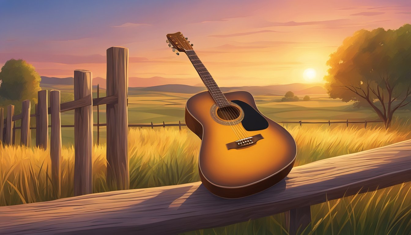 A lone guitar rests against a wooden fence, bathed in the warm glow of a sunset over a serene country landscape