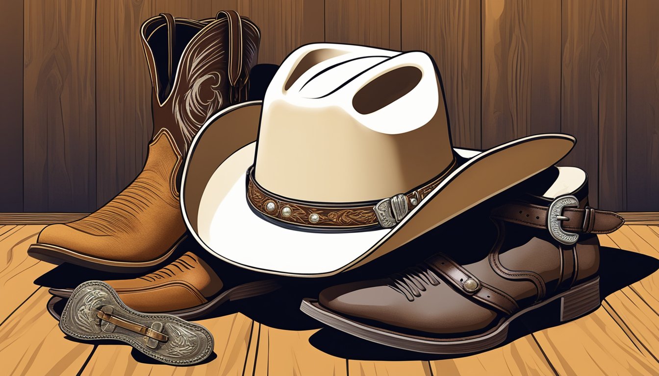 A cowboy hat resting on a guitar, surrounded by cowboy boots and a western-style belt buckle