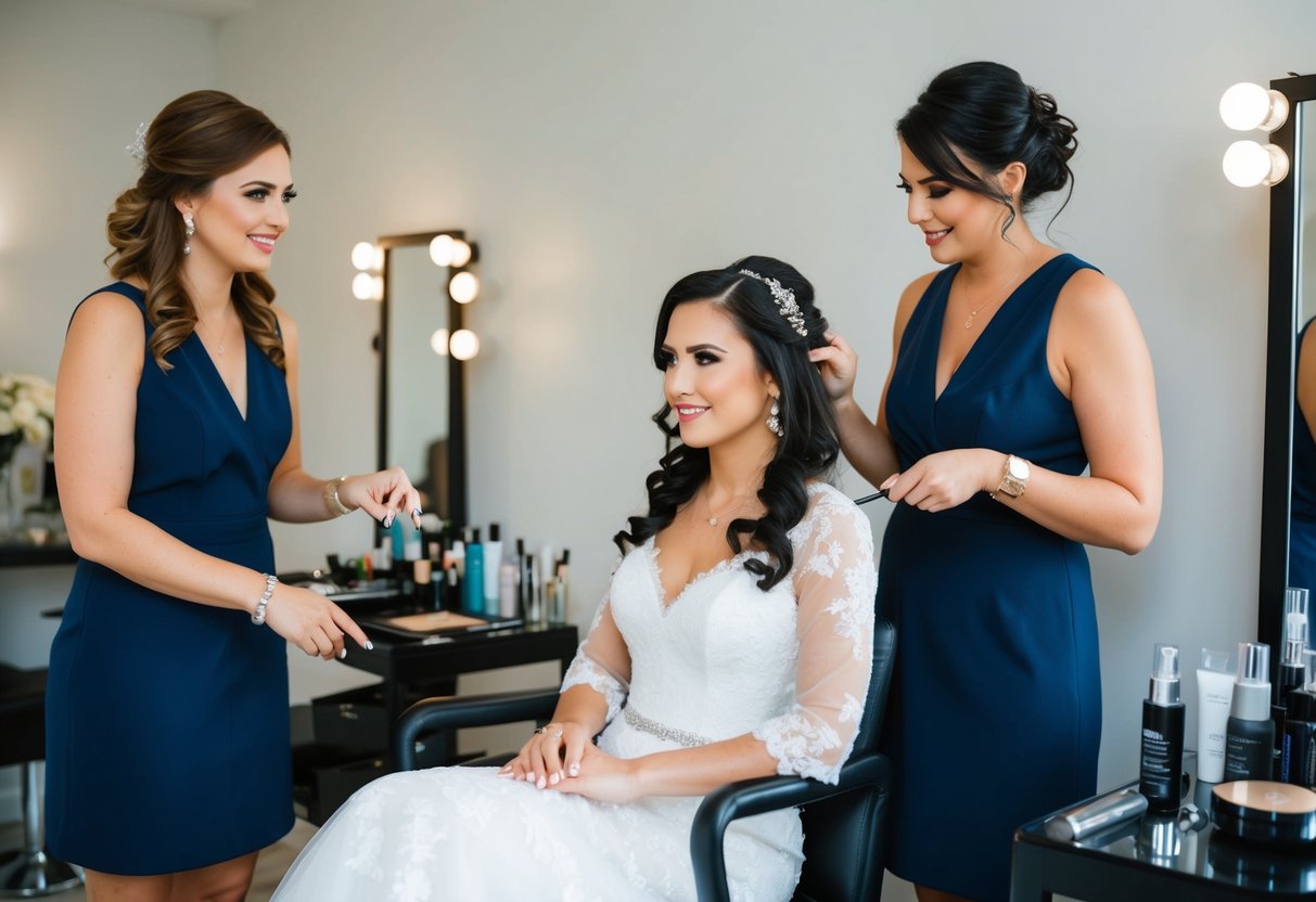 A bride sits in a chair, surrounded by makeup and hair products. Two stylists stand nearby, discussing who should work on her first