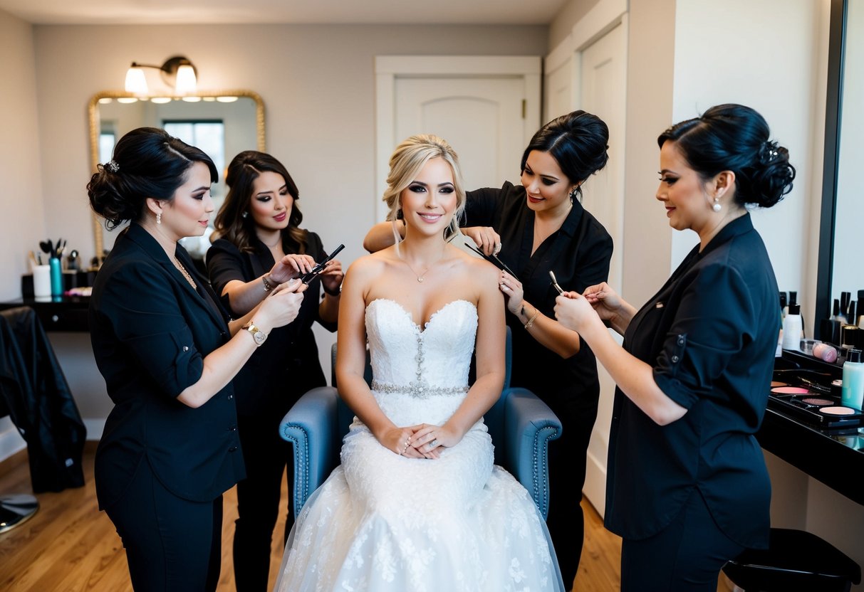 A bride sits in a chair, surrounded by hairstylists and makeup artists, deciding which to start with first